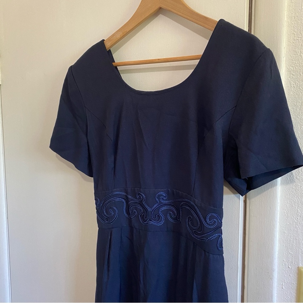 John Roberts Women's Vintage Dress Size 14 Navy Blue Embroidered-detail Waist - Picture 3 of 9
